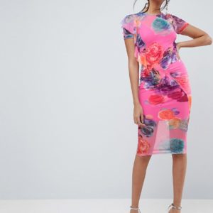 ASOS Printed Mesh Midi Dress With Frill Detail - Multi