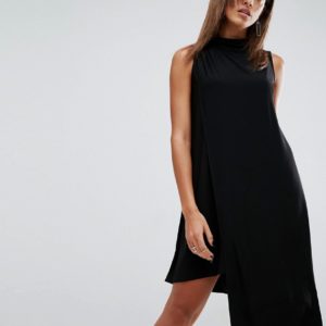 ASOS Slinky High Neck Shift Dress With Asymmetric Hem - Black