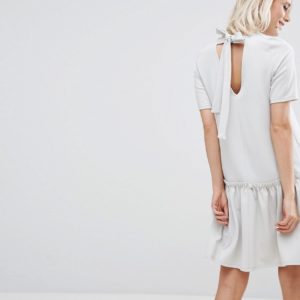 ASOS Swing Dress with Ruffle Dropped Hem and Tie Back - Gray