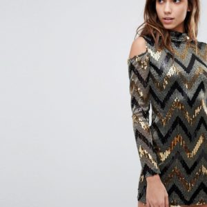 AX Paris Chevron Multi Sequin Cold Shoulder Party Dress - Gold