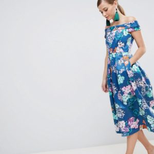 Closet London Bardot Floral Midi Dress - Blue