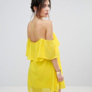 Club L Frill Detail Chiffon Dress With Cross Back - Yellow