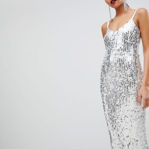 Club L Mermaid Silver Sequins Strappy Fishtail Detailed Maxi Dress - Silver