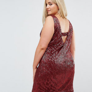 Elvi Allover Premium Sequin Shift Dress With V Back - Red