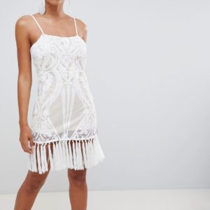 In The Style placement sequin strappy tassel hem mini dress - White