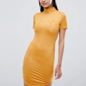 Lasula suedette high neck bodycon dress in Yellow - Yellow