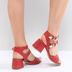 Lost Ink Wide Fit Red Western Studded Heeled Sandals - Red