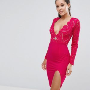 Love Triangle Plunge Front Lace Top Midi Pencil Dress - Pink