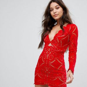 Love Triangle V Neck Mini Dress In All Over Lace - Red