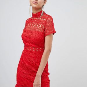 Love Triangle crochet lace high neck mini dress - Red