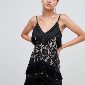 Love Triangle lace and fringe detail mini dress - Black