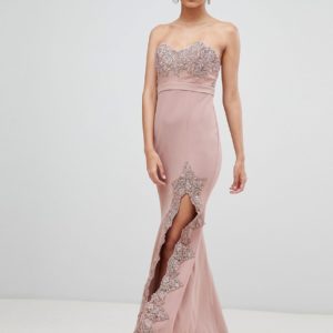 Love Triangle lace trim bandeau maxi dress with thigh split - Pink