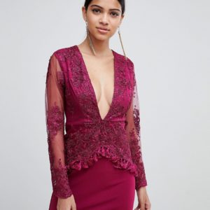 Love Triangle long sleeve embroidered lace dress with tassel trim - Purple