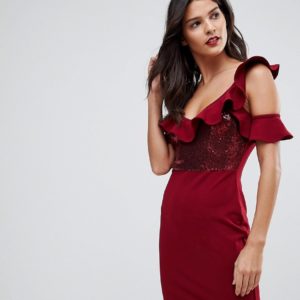 NaaNaa Frill Detail Mini Dress in Sequins - Red