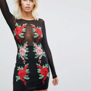 NaaNaa Mesh Bodycon Mini Dress With Floral Applique - Black