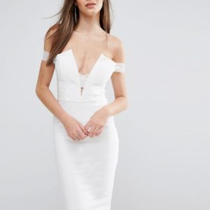 Rare London Bardot Cross Strap Midi Dress - White