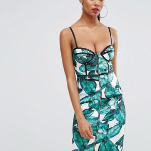 Rare London Paneled Pencil Dress In Leaf Print - Green