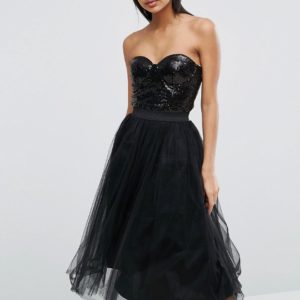 Rare London Sweetheart Tulle Midi Dress With Sequin Bodice - Black