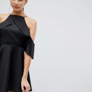 Rare London cold shoulder frill skater dress - Black