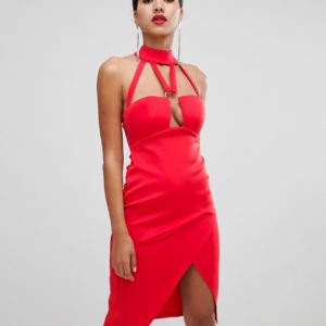 Rare London high neck ring detail midi dress - Red