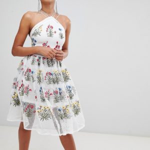 Rare London mesh flower midi dress - White