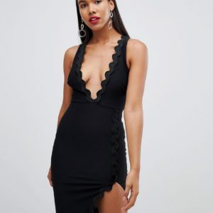 Rare London wave trim plunge midi dress - Black