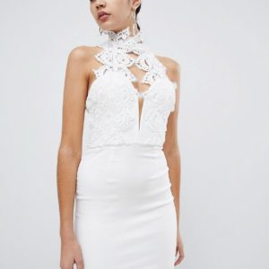 Rare high neck plunge lace mini dress - White