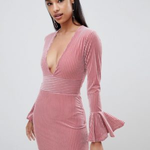 Rare velvet stripe flute sleeve dress - Pink