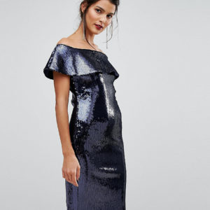 TFNC Off Shoulder allover Sequin Bandeau Midi Dress - Navy