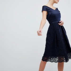 Vesper Lace Bardot Skater Dress - Navy