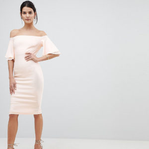 Vesper Off Shoulder Pencil Dress With Frill Sleeve - Pink