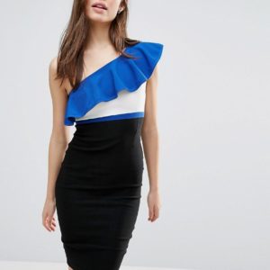 Vesper One Shoulder Pencil Dress With Contrast Frill - Blue