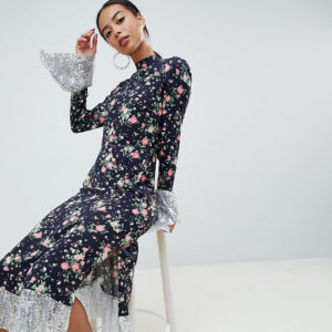 ASOS DESIGN Tall ditsy print midi dress with sequin hem and cuff detail - Multi