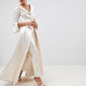 ASOS EDITION wedding satin off the shoulder full length jacket and tapered PANTS - White