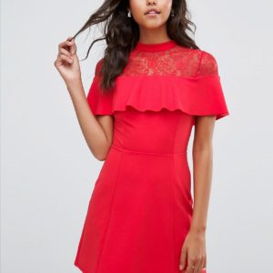 ASOS Mini Skater Dress with Lace Inserts and Ribbon Tie - Red