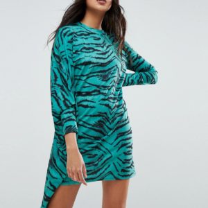 ASOS Oversized Dress With Asymmetric Batwing Sleeve In Animal Print - Multi