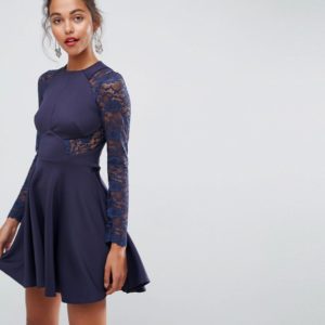 ASOS Premium Mini Scuba Skater Dress with Lace Sleeves - Navy