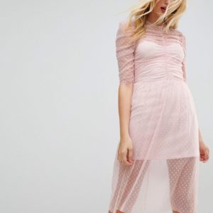 ASOS Ruched Midi Dress In Spot Mesh - Pink