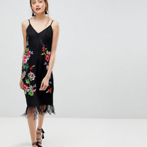 ASOS TALL PREMIUM Embroidered Slip Cami midi dress With Fringing - Multi