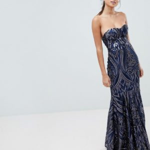 Club L Embellished Sequin Strapless Fishtail Maxi Dress - Navy