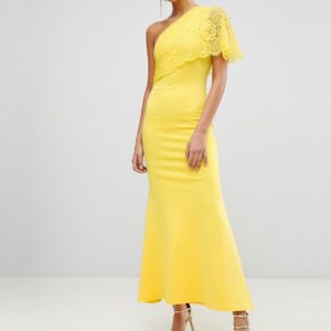 Club L One Shoulder Lace Cape Overlay Detailed Maxi Dress - Yellow