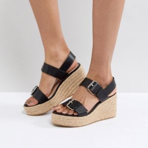 London Rebel Buckle Wedge Sandal - Black