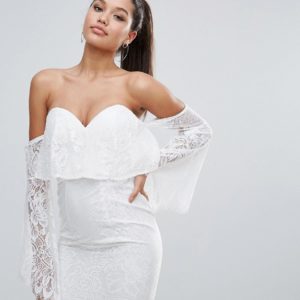 Love Triangle All over Lace Off Shoulder Pencil Dress With Fluted Sleeve Detail - White