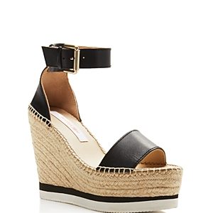 See By Chloe Glyn Leather Espadrille Platform Wedge Ankle Strap Sandals