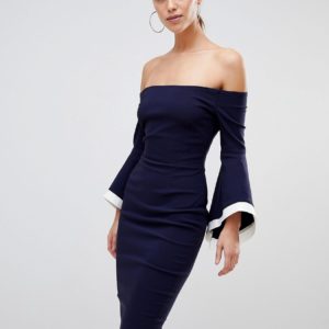 Vesper Flute Sleeve Bardot Dress - Navy