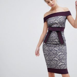 Vesper Lace Bardot Dress With Contrast - Gray