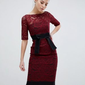 Vesper Lace Pencil Dress With Contrast - Red