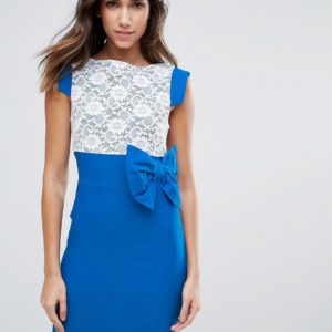 Vesper Mini Dress With Lace Panel And Bow Detail - Blue