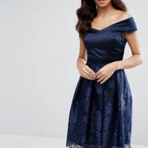 Vesper Off Shoulder Midi Dress With Lace Skirt - Navy