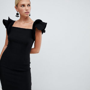 Vesper Pencil Dress With Origami Ruffle Sleeve - Black